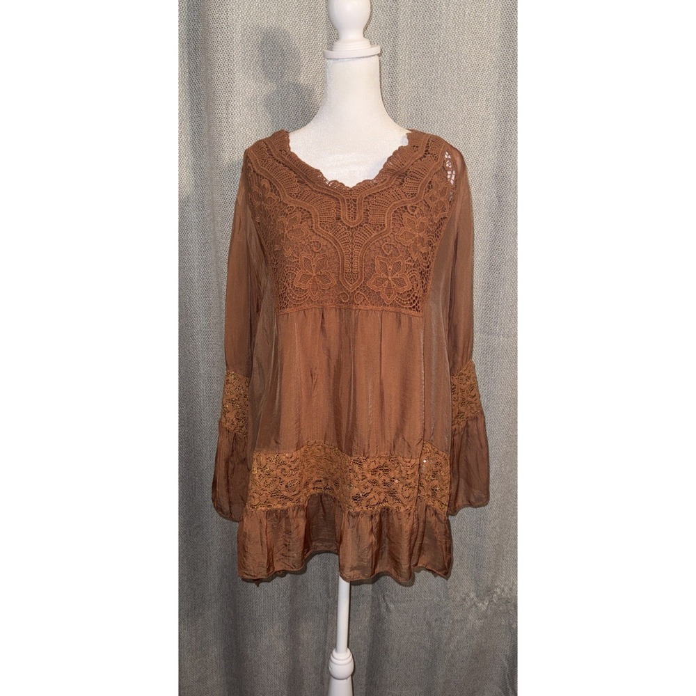 Made In Italy Tunic Blouse Women's Size Medium Boho  Rust Mixed Media Peasant
